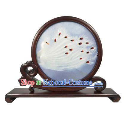 Chinese Traditional Rosewood Table Decoration Handmade Double Side Suzhou Embroidery Screen Craft Embroidered White Peacock Screen