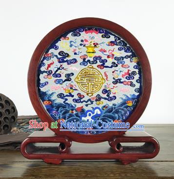 China Traditional Rosewood Home Decoration Handmade Embroidered Clouds Table Screen Craft