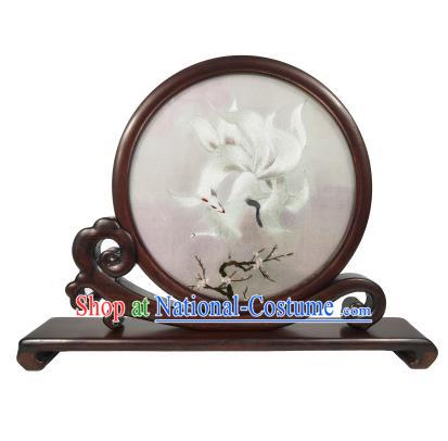 Chinese Suzhou Embroidery Nine Tail Fox Table Decoration Double Side Embroidered Screen Traditional Rosewood Screen