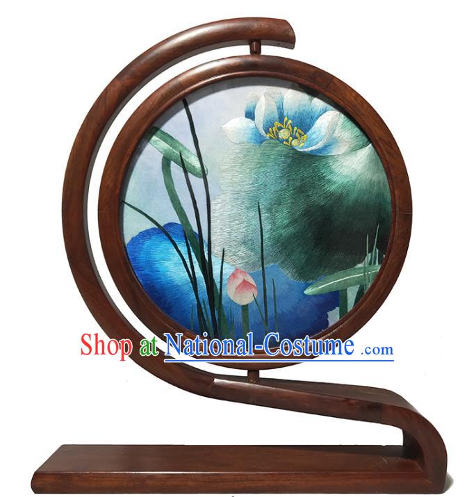 China Traditional Rosewood Home Decoration Handmade Double Side Embroidered Lotus Table Screen