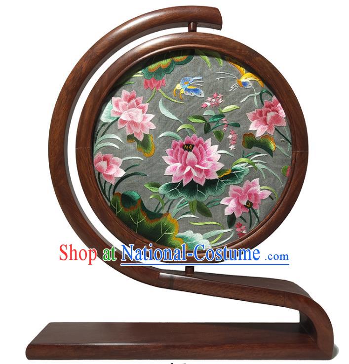 China Double Side Embroidered Craft Rosewood Home Decoration Traditional Handmade Lotus Painting Table Screen