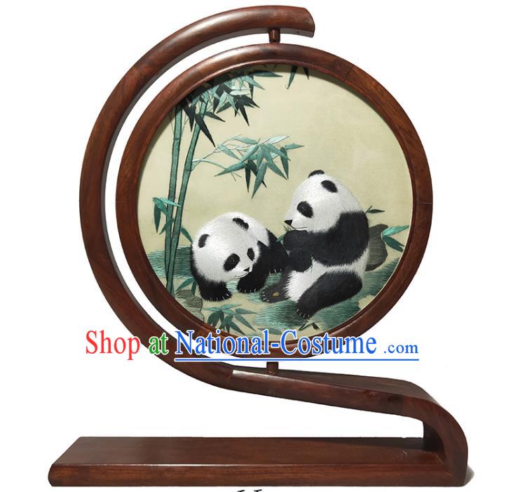 Traditional Double Side Embroidered Craft Handmade Panda Bamboo Painting Table Screen China Rosewood Home Decoration