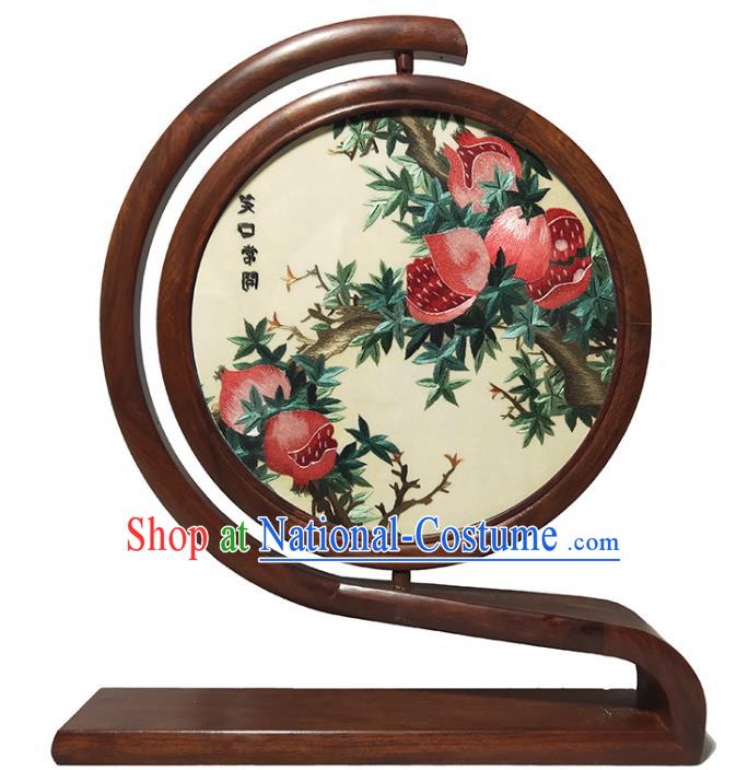 Traditional China Pomegranate Painting Table Screen Handmade Double Side Embroidered Craft