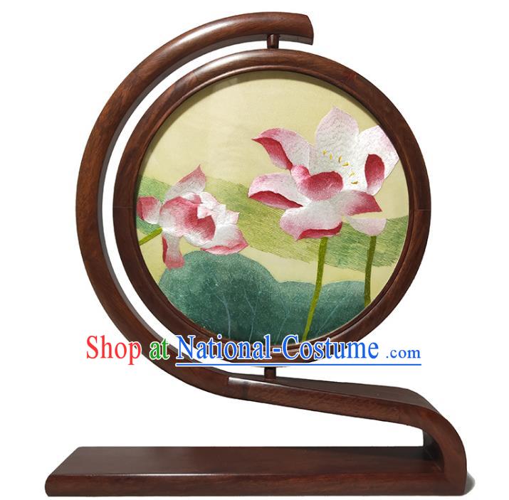 China Rosewood Table Screen Traditional Craft Handmade Double Side Embroidered Lotus Screen