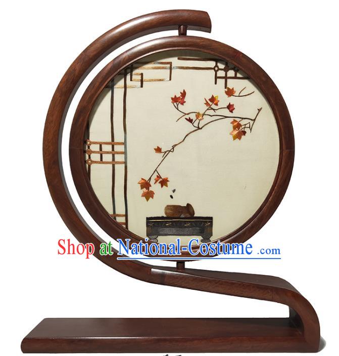 China Traditional Craft Handmade Double Side Embroidered Screen Rosewood Table Screen