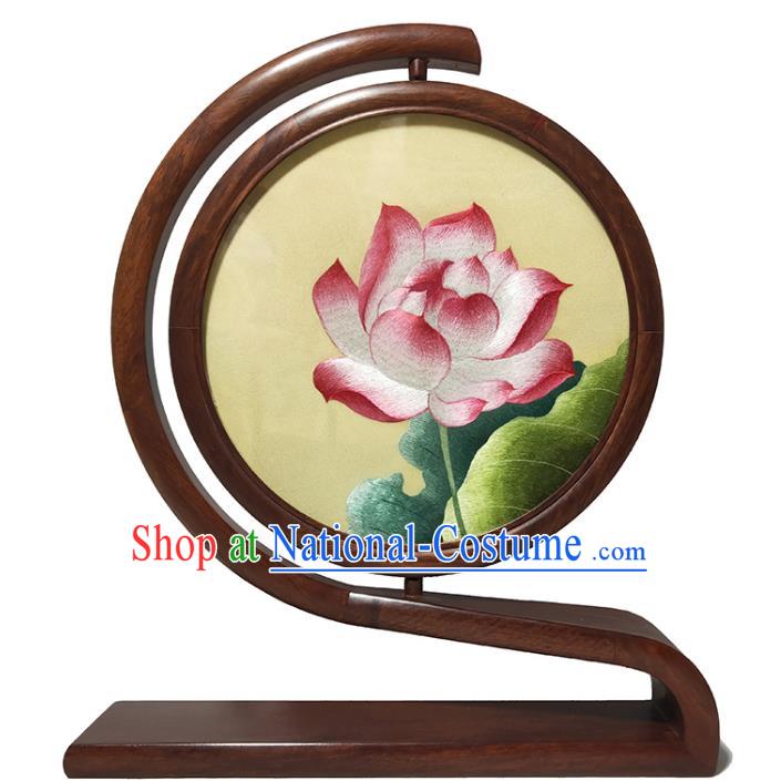 China Embroidered Lotus Screen Traditional Craft Handmade Double Side Rosewood Table Screen