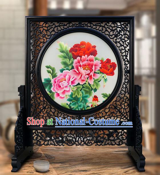 China Traditional Home Furnishings Handmade Craft Wood Carving Table Screen Embroidered Peony Screen