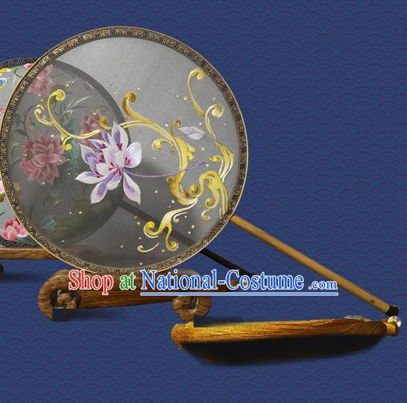 Handmade Embroidered Round Fan China Traditional Hanfu Palace Fan Suzhou Embroidery Lotus Silk Fan