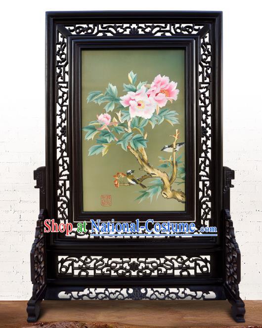 China Embroidered Peony Screen Traditional Home Furnishings Handmade Craft Wood Carving Table Screen