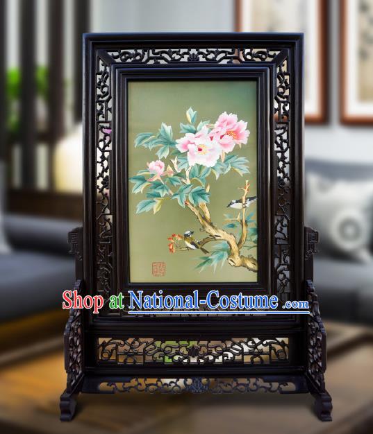 China Embroidered Peony Screen Traditional Home Furnishings Handmade Craft Wood Carving Table Screen