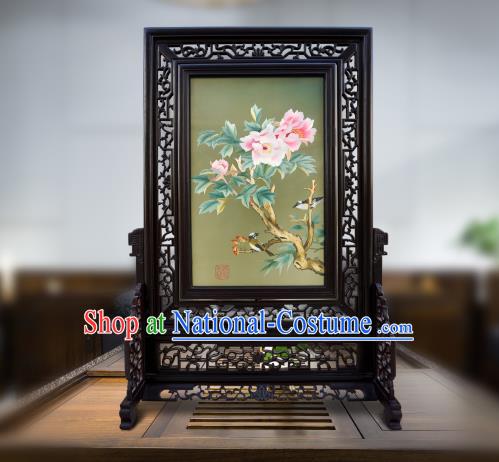 China Embroidered Peony Screen Traditional Home Furnishings Handmade Craft Wood Carving Table Screen