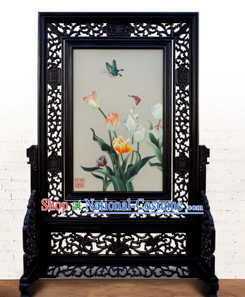 China Traditional Home Furnishings Handmade Wood Carving Double Side Table Screen Embroidered Tulip Painting Screen