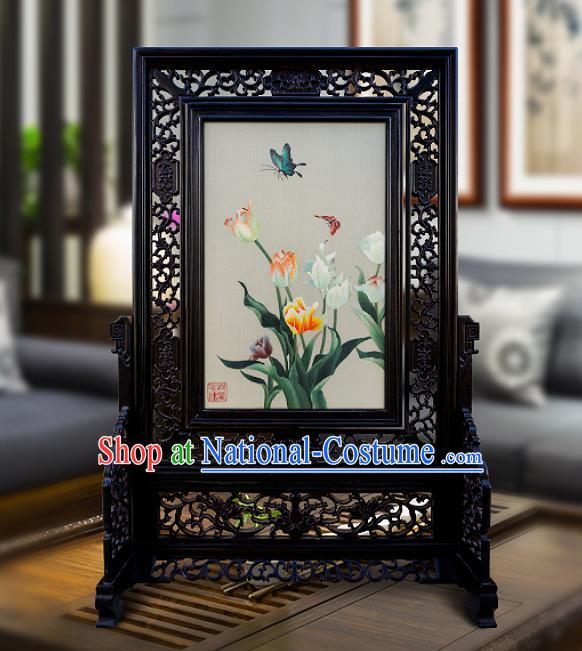 China Traditional Home Furnishings Handmade Wood Carving Double Side Table Screen Embroidered Tulip Painting Screen