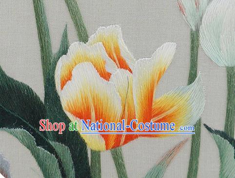 China Traditional Home Furnishings Handmade Wood Carving Double Side Table Screen Embroidered Tulip Painting Screen