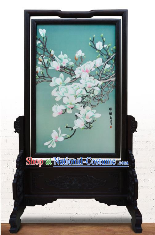 China Handmade Wood Carving Double Side Table Screen Traditional Home Furnishings Embroidered Mangnolia Screen