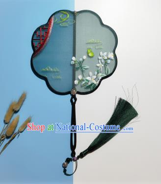 Traditional Classical Dance Embroidered Palace Fan China Suzhou Embroidery Orchids Green Silk Fan Handmade Double Side Hanfu Fan