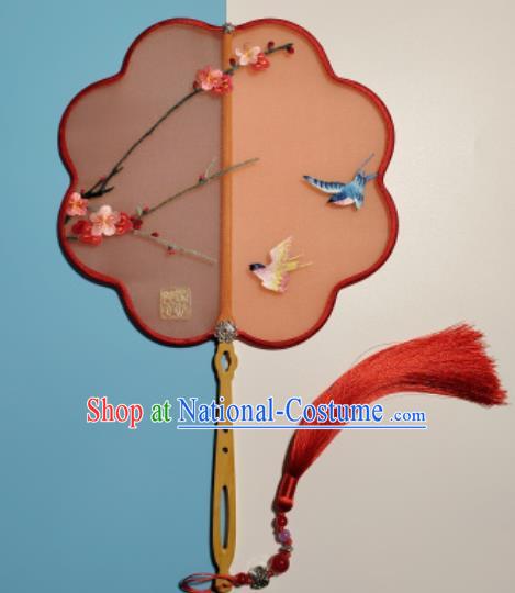 Traditional Embroidered Plum Blossom Palace Fan Handmade Double Side Hanfu Fan China Suzhou Embroidery Classical Dance Red Silk Fan