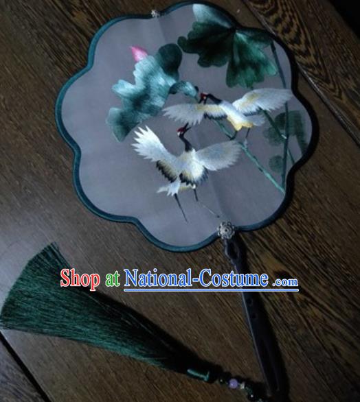 Handmade Silk Palace Fan Traditional Hanfu Classical Dance Embroidered Fan China Suzhou Embroidery Crane Lotus Fans