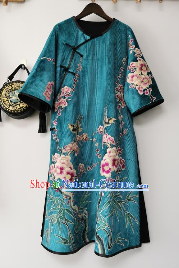 Traditional Chinese Blue Corduroy Qipao Dress Embroidered Cheongsam