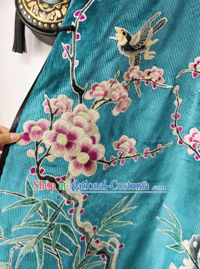 Traditional Chinese Blue Corduroy Qipao Dress Embroidered Cheongsam