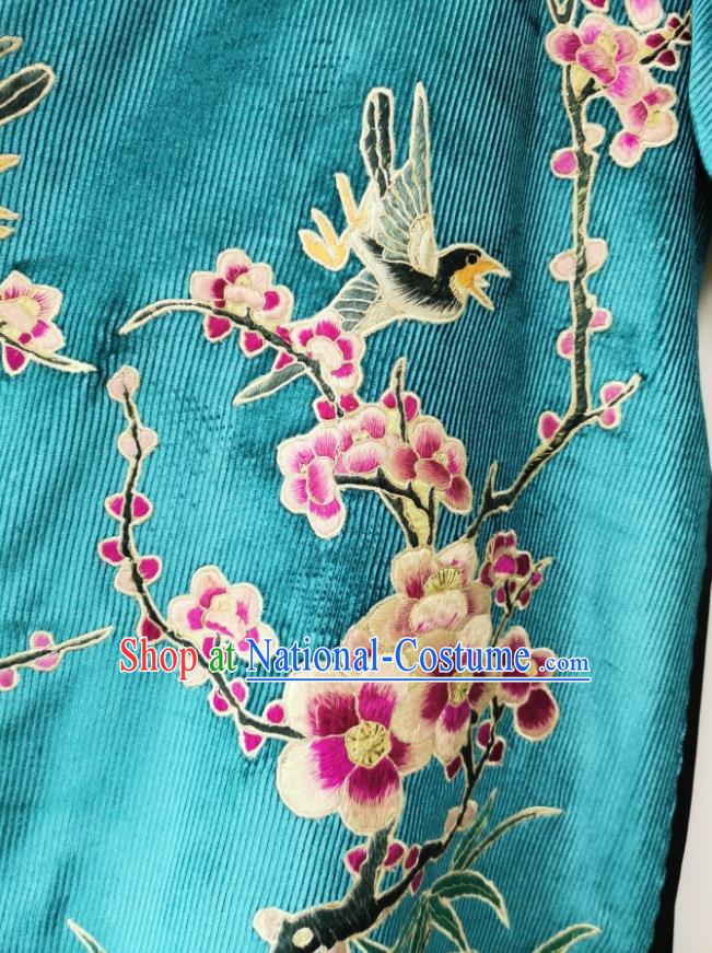 Traditional Chinese Blue Corduroy Qipao Dress Embroidered Cheongsam