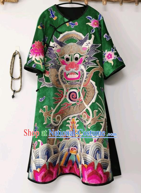 Traditional Chinese Embroidered Dragon Cheongsam Green Corduroy Qipao Dress