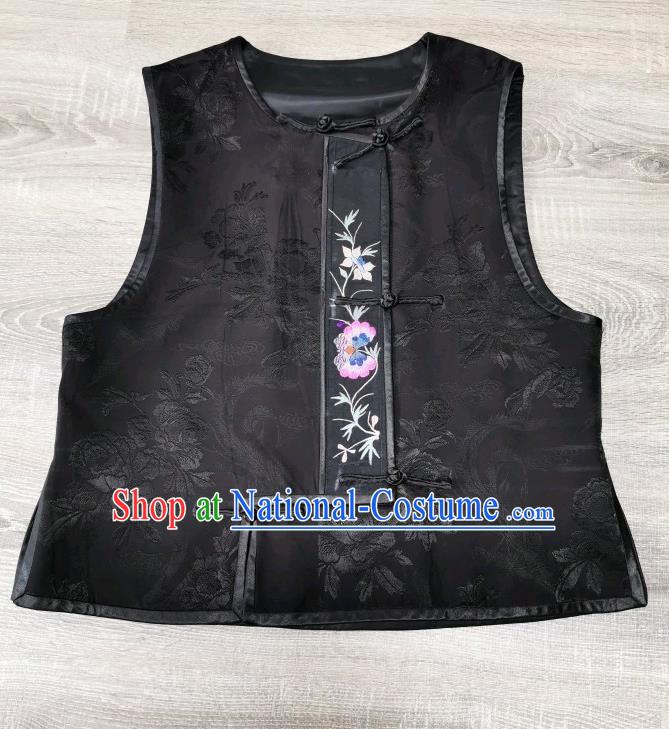 Top Grade China Black Silk Vest Traditional Tang Suit Upper Outer Garment Embroidered Waistcoat