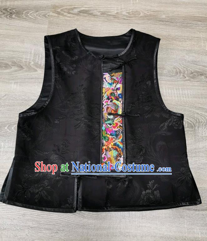 Top Grade Embroidered Waistcoat China Black Silk Vest Traditional Tang Suit Upper Outer Garment