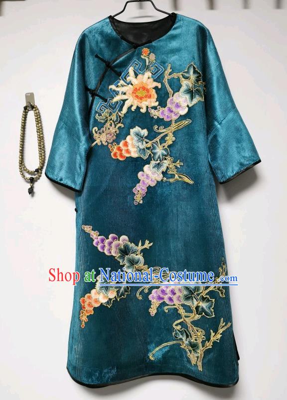 Chinese Embroidered Cheongsam Traditional Blue Corduroy Qipao Dress