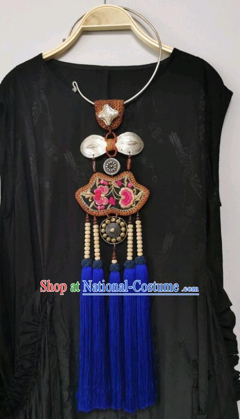 Handmade Blue Tassel Silver Necklace Traditional China Ethnic Embroidered Necklet Accessories Rattan Jewelry for Women