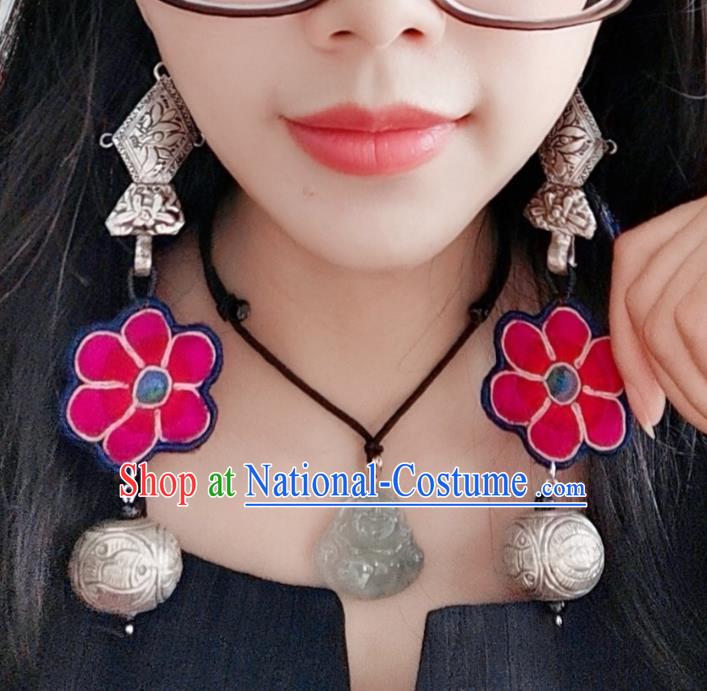 Traditional China Silver Jewelry Handmade Ear Accessories Ethnic Embroidered Rosy Flower Earrings for Women