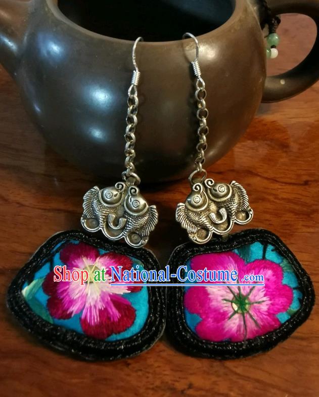 China Ethnic Blue Embroidered Earrings Traditional Silver Fishes Jewelry Handmade Ear Accessories for Women