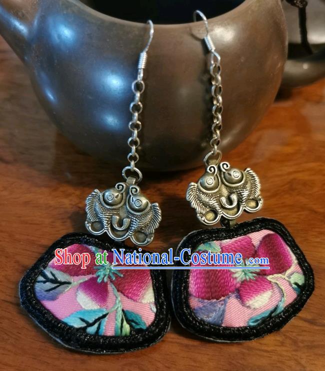 China Ethnic Pink Embroidered Earrings Handmade Ear Accessories Traditional Silver Fishes Jewelry for Women