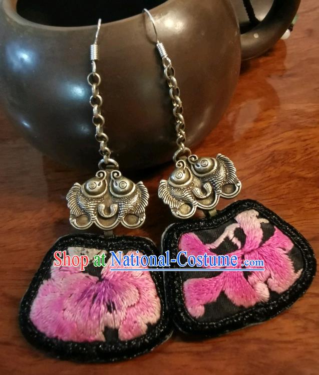 Handmade China Ethnic Black Embroidered Earrings Traditional Silver Fishes Jewelry Ear Accessories for Women