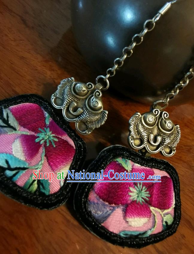 China Ethnic Pink Embroidered Earrings Handmade Ear Accessories Traditional Silver Fishes Jewelry for Women