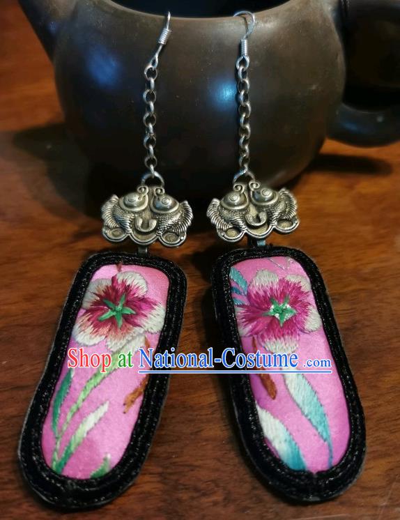 Handmade China Ethnic Pink Earrings Traditional Embroidered Plum Blossom Ear Accessories Silver Fishes Jewelry for Women