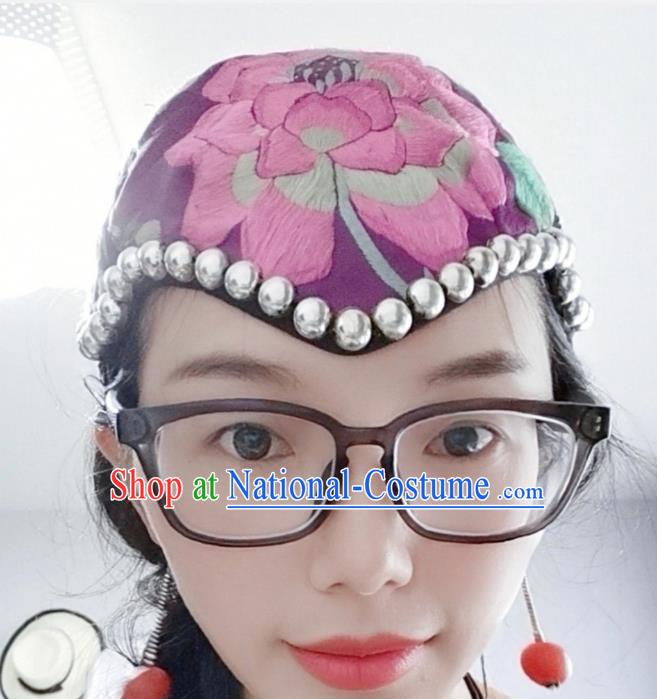 Traditional China Ethnic Embroidered Hat Handmade Hair Accessories Purple Silver Hair Clasp for Women