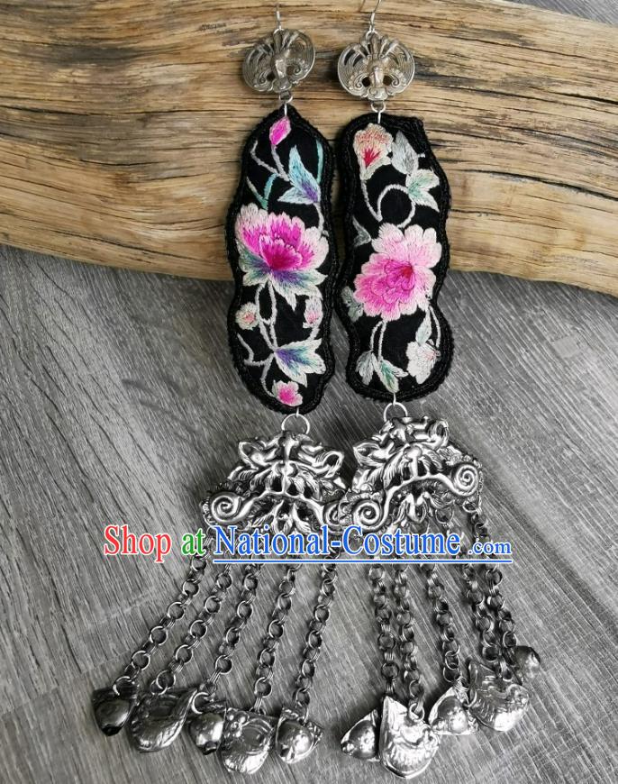 China Handmade Tassel Eardrop Embroidered Peony Earrings Traditional Miao Ethnic Accessories for Women