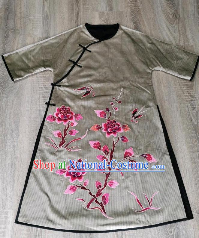 Chinese Embroidered Peony Cheongsam Traditional Embroidery Grey Corduroy Qipao Dress National Clothing