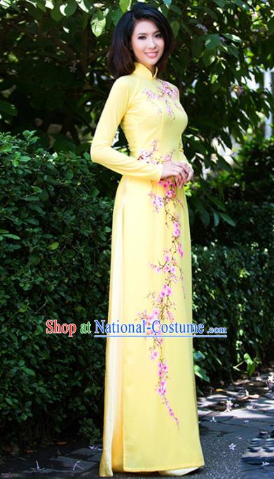 Asian Vietnam Classical Plum Blossom Pattern Ao Dai Qipao Traditional Vietnamese Cheongsam Costumes Light Yellow Dress and Loose Pants for Women