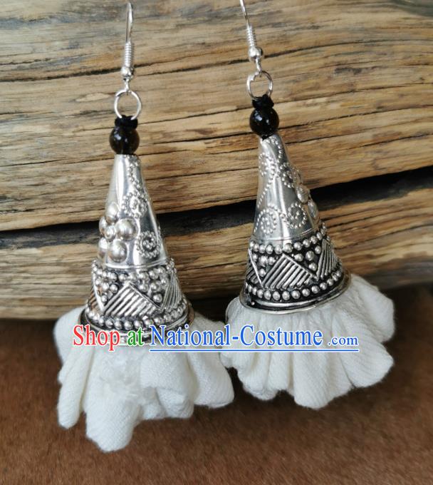 China Handmade White Flax Eardrop Traditional Miao Ethnic Earrings Silver Carving Accessories for Women