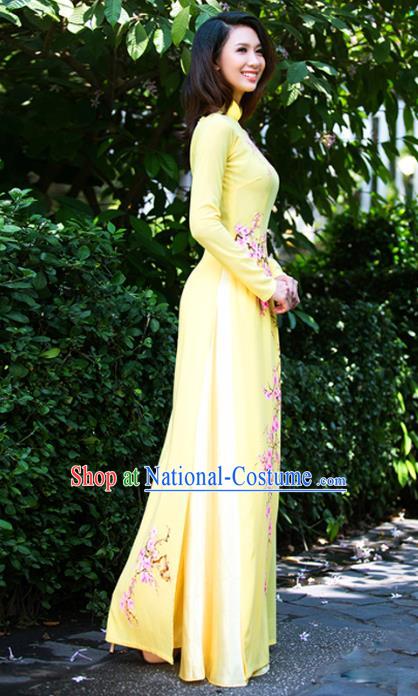 Asian Vietnam Classical Plum Blossom Pattern Ao Dai Qipao Traditional Vietnamese Cheongsam Costumes Light Yellow Dress and Loose Pants for Women