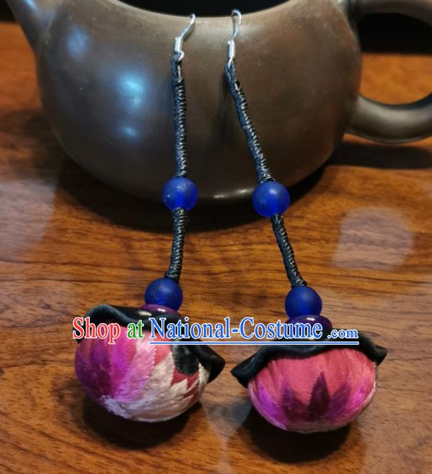 Traditional China Miao Ethnic Rosy Silk Ear Accessories Handmade Embroidered Earrings for Women