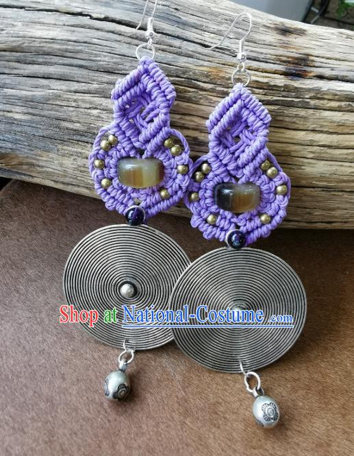 Handmade China Miao Ethnic Silver Ear Accessories Traditional Purple Sennit Earrings for Women