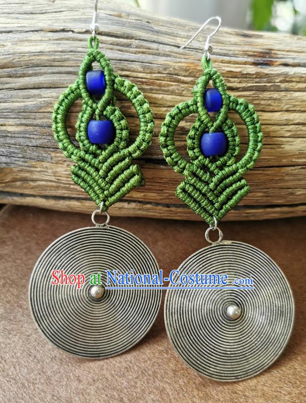 Handmade China Traditional Green Sennit Earrings Miao Ethnic Silver Ear Accessories for Women