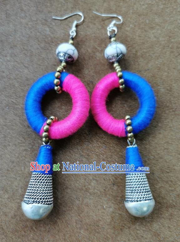 Handmade China National Yarn Earrings Traditional Miao Ethnic Silver Eardrop Ear Accessories for Women