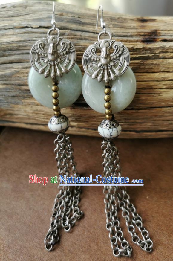 Handmade China National Jade Earrings Traditional Miao Ethnic Ear Accessories Silver Tassel Eardrop for Women