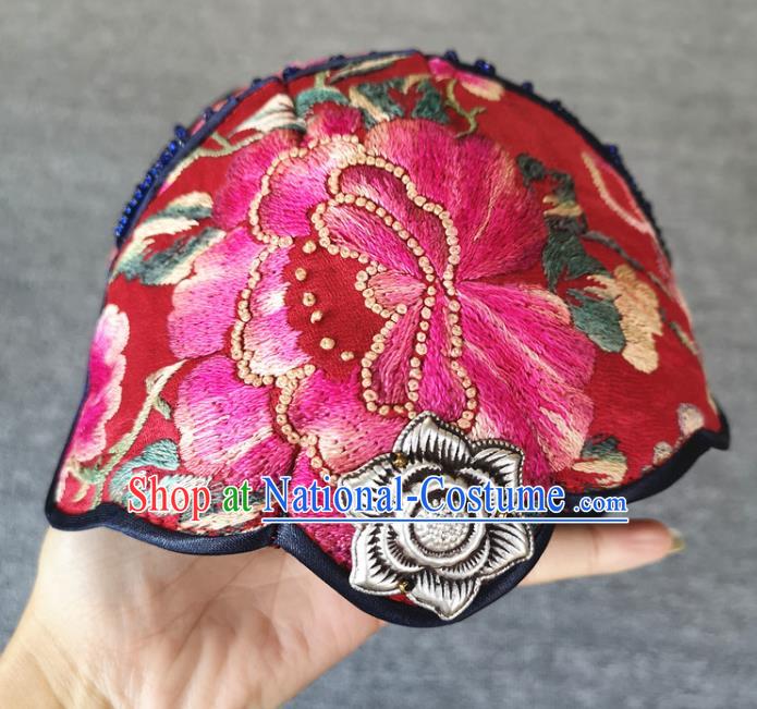 Handmade China Embroidered Peony Red Hat Miao Ethnic Women Cap Traditional National Headwear Hair Accessories