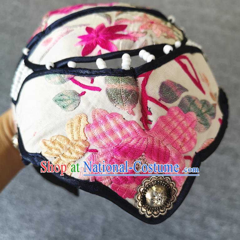 Handmade China Embroidered White Cloth Hat Traditional National Headwear Hair Accessories Miao Ethnic Women Cap