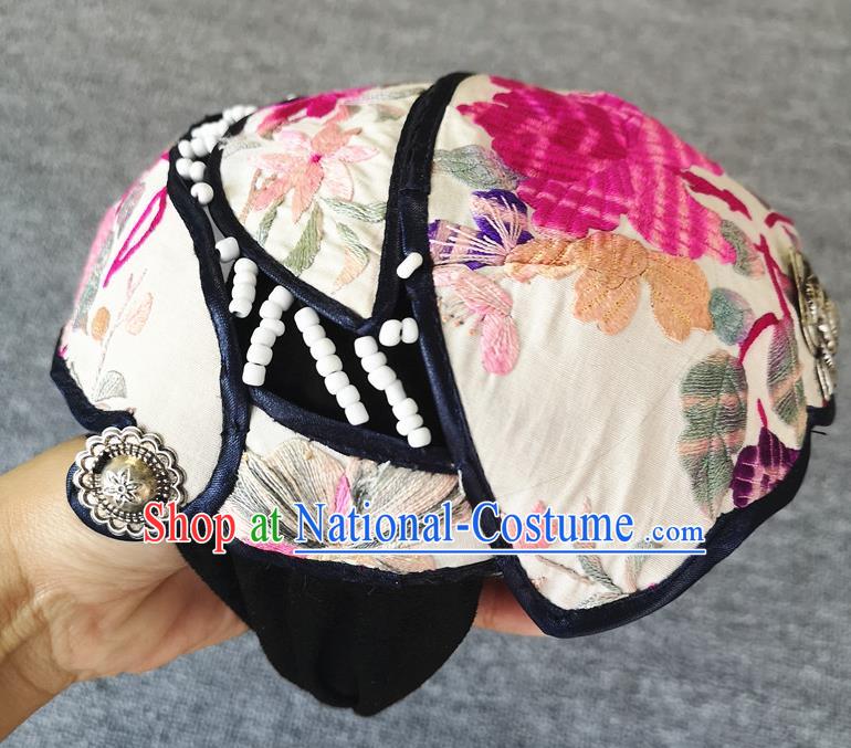 Handmade China Embroidered White Cloth Hat Traditional National Headwear Hair Accessories Miao Ethnic Women Cap